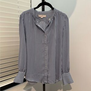 LOFT Gray and White Mandarin Collar Blouse